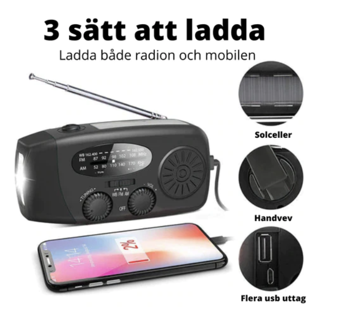 Vevradio 3 in 1 med ficklampa, radio, powerbank och solceller