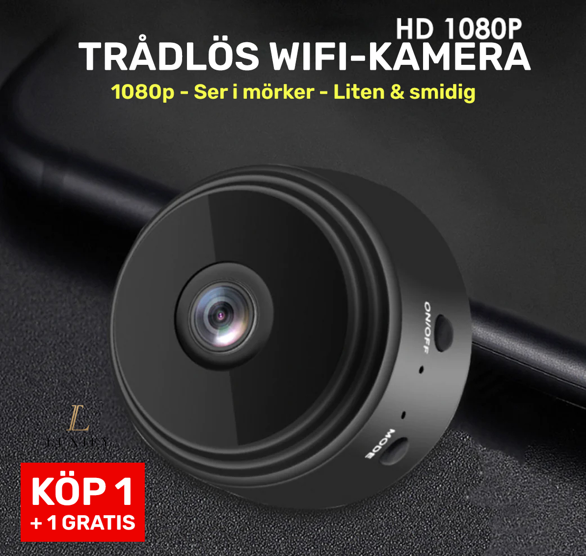 1+1 - Svart Trådlös Minikamera som ser i mörker + Rörelsedetektor - 1080p, WiFi