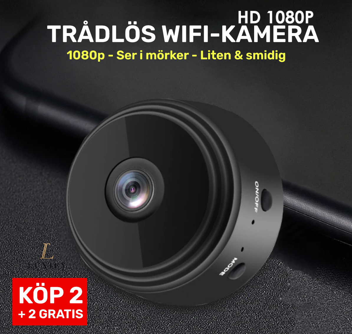 2+2 - Svart Trådlös Minikamera som ser i mörker + Rörelsedetektor - 1080p, WiFi