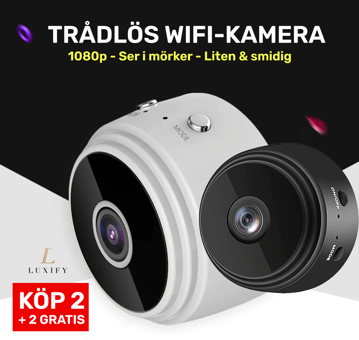 2+2 - Svart & Vit Trådlös Minikamera som ser i mörker + Rörelsedetektor - 1080p, WiFi